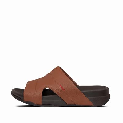 Fitflop Freeway Leather Pool Slides - Sandalen Herren - DunkelBraun (ULP362847)